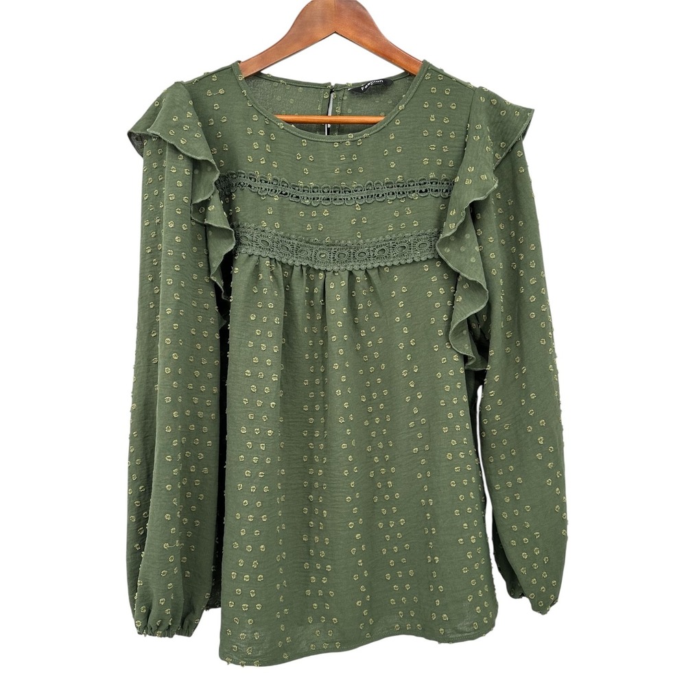 FASHION Forest Green Swiss Dot Ruffle Trim Long Sleeve Peasant Blouse Women's M
